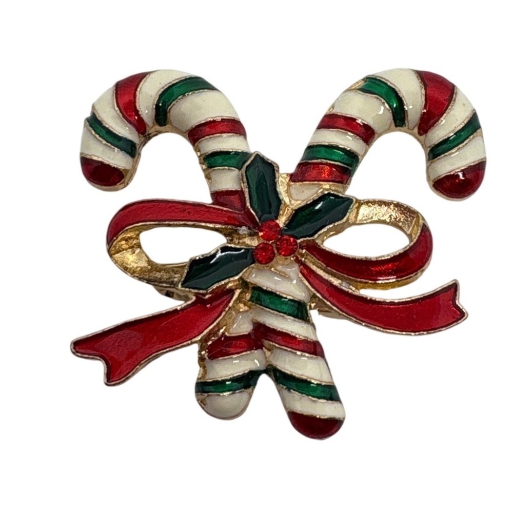 Christmas Candy Cane Brooch Red White Green Enamel Gold Tone Holiday‎ Pin Bow